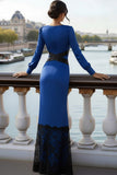 Blue Mermaid Satin V-Neck Long Formal Dress with Lace