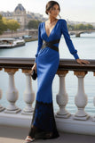 Blue Mermaid Satin V-Neck Long Formal Dress with Lace