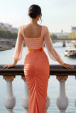 Orange Ruched Sheath Long Bridesmaid Dress with Slit
