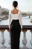 White and Black Square Neck Ruched Long Formal Dress with Slit