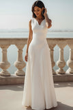 White A Line Chiffon Pleated Maxi Wedding Reception Dress