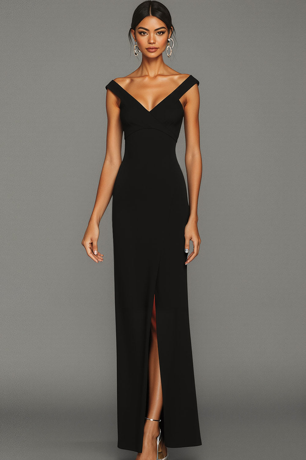 Leely Women Simple Black Long Formal Dress with Slit V-Neck Sheath