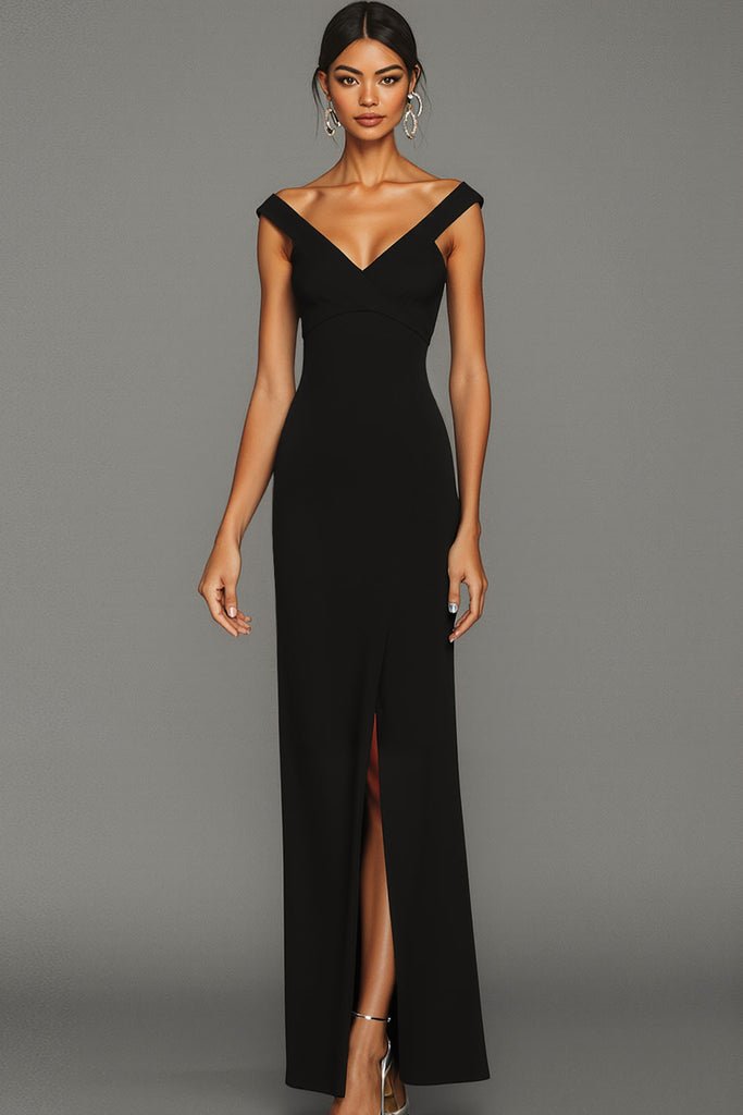 Leely Women Simple Black Long Formal Dress with Slit V-Neck Sheath