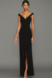 Simple Black V-Neck Sheath Long Formal Dress with Slit