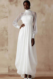White High Neck Chiffon Long Wedding Reception Dress with Sleeves
