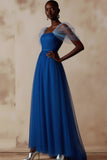 Blue Pleated A Line Square Neck Long Formal Dress