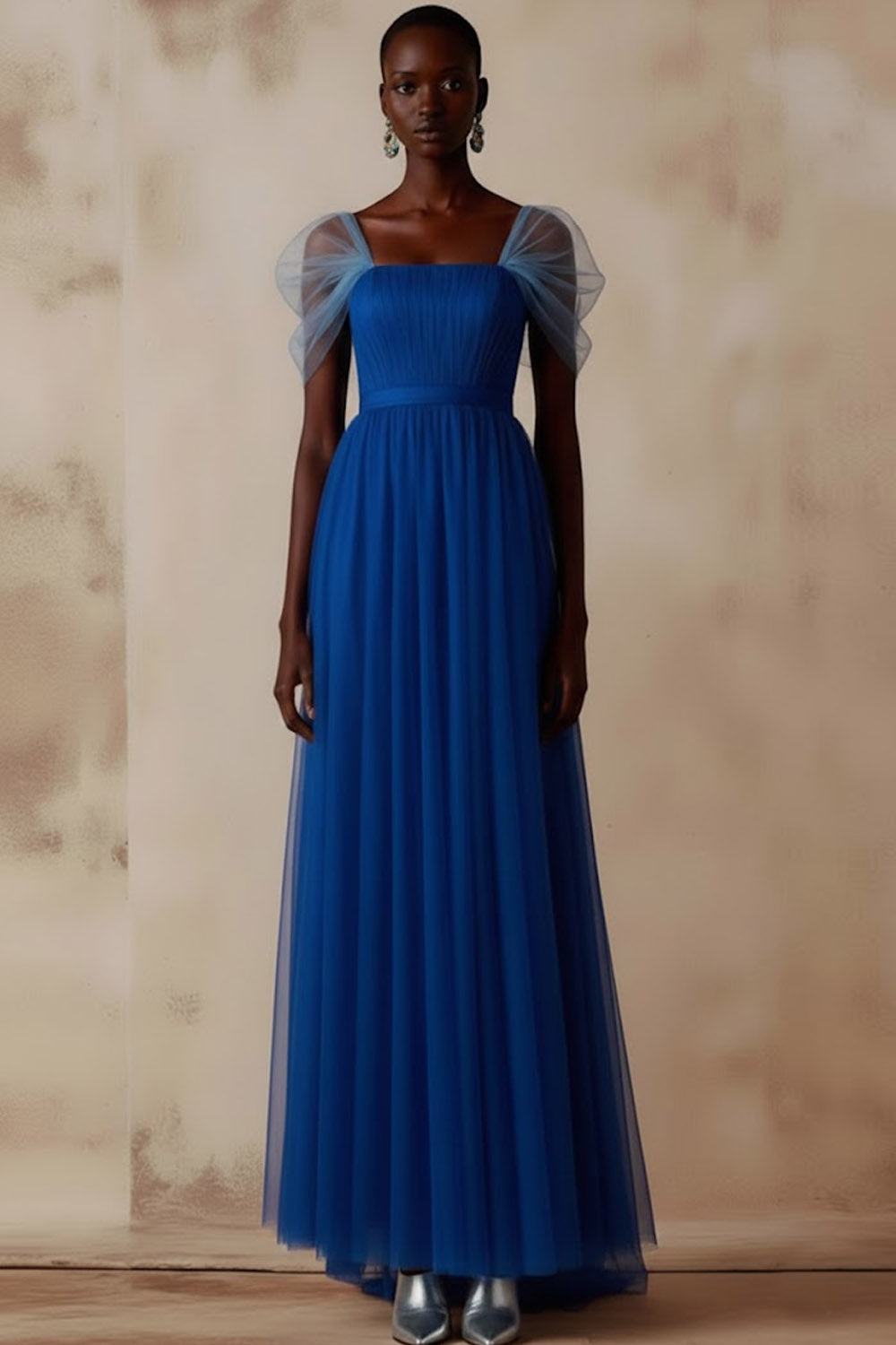 Leely Women Blue Pleated Long Formal Dress A Line Square Neck Wedding