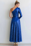 Sparkly Blue Sequin One Shoulder Long Evening Dress with Sleeves