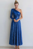 Sparkly Blue Sequin One Shoulder Long Evening Dress with Sleeves
