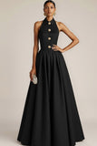 Black Collar Neck A Line Backless Long Wedding Guest Dress with Buttons