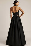 Black Collar Neck A Line Backless Long Wedding Guest Dress with Buttons