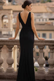 Black Mermaid V-Neck Ruched Long Formal Dress
