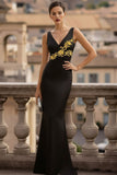 Floral Black Satin Mermaid V-Neck Long Formal Dress