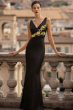 Floral Black Satin Mermaid V-Neck Long Formal Dress