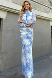 Blue High Neck Ruched Long Wedding Guest Dress with Sleeves