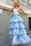 Blue Tiered Beaded Long Prom Dress with Ruffles
