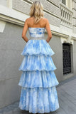 Blue Tiered Beaded Long Prom Dress with Ruffles
