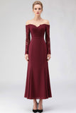 Burgundy Off the Shoulder Long Sleeves Formal Dress with Lace