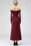 Burgundy Off the Shoulder Long Sleeves Formal Dress with Lace