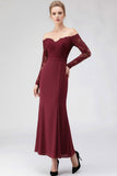 Burgundy Off the Shoulder Long Sleeves Formal Dress with Lace