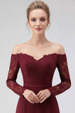 Burgundy Off the Shoulder Long Sleeves Formal Dress with Lace