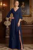 Navy A Line Long Chiffon Mother of the Bride Dress with Slit