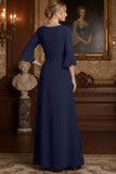 Navy A Line Long Chiffon Mother of the Bride Dress with Slit