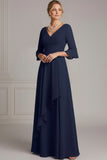 Navy A Line Long Chiffon Mother of the Bride Dress with Slit