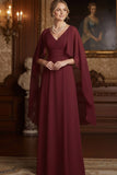 Elegant Burgundy A Line Chiffon Long Mother of the Bride Dress with Cape