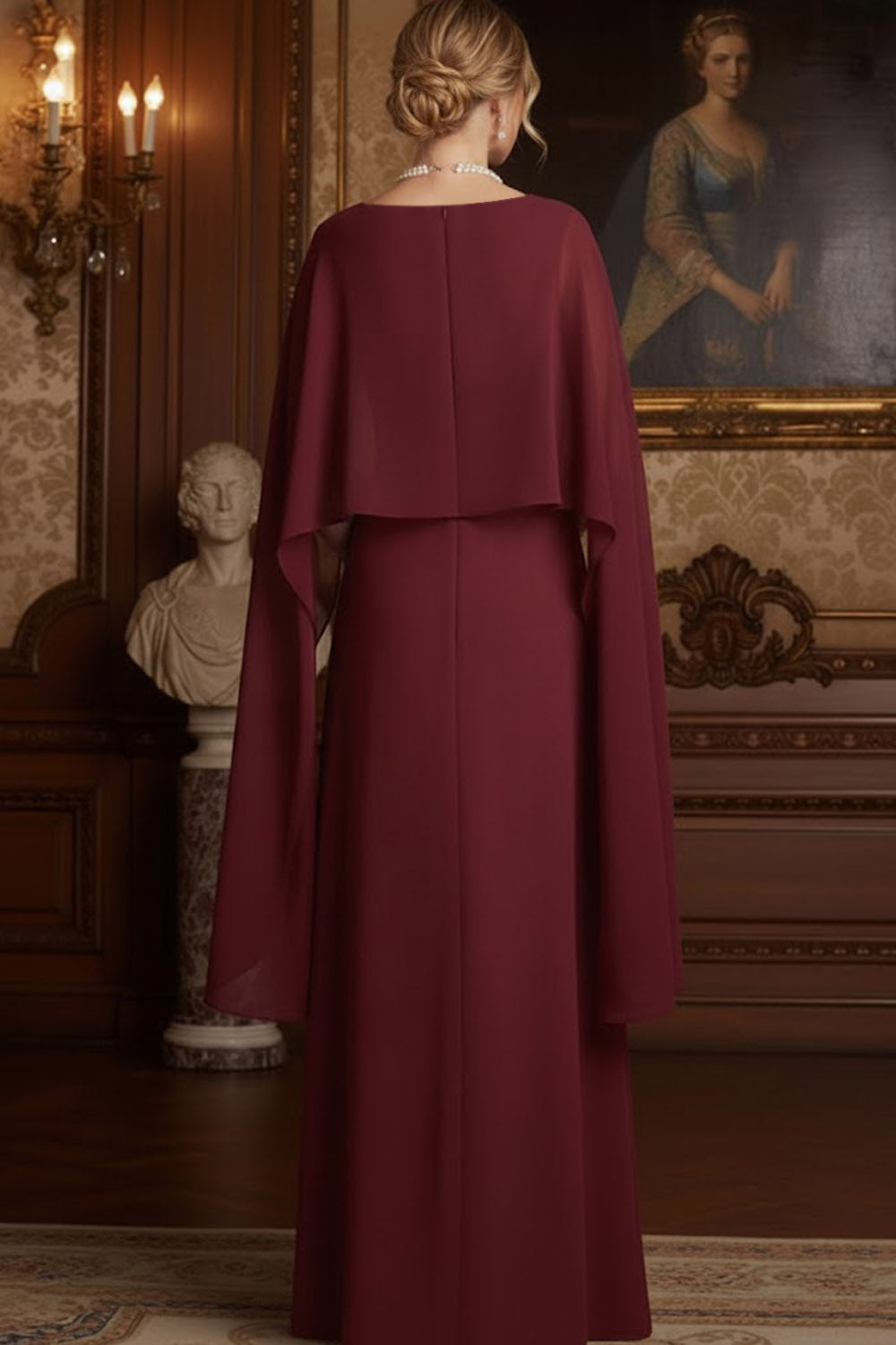 Leely Women Elegant Burgundy Chiffon Long Mother of the Bride Dress