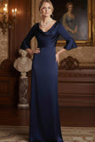 Navy Cowl Neck Sheath Satin Long Mother of the Brides Dress