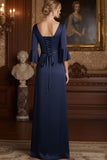 Navy Cowl Neck Sheath Satin Long Mother of the Brides Dress