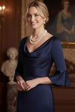 Navy Cowl Neck Sheath Satin Long Mother of the Brides Dress
