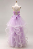 Lilac Ruffled Long Tulle Spaghetti Straps Corset Prom Dress with 3D Flowers