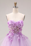 Lilac Ruffled Long Tulle Spaghetti Straps Corset Prom Dress with 3D Flowers