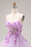 Lilac Ruffled Long Tulle Spaghetti Straps Corset Prom Dress with 3D Flowers