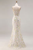 Floral Beaded White Mermaid Sweetheart Long Prom Corset Dress with Slit