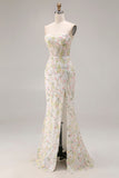 Floral Beaded White Mermaid Sweetheart Long Prom Corset Dress with Slit