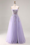Floral Sparkly Lilac Tulle Appliqued A Line Long Corset Beaded Prom Dress with Slit