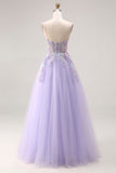 Floral Sparkly Lilac Tulle Appliqued A Line Long Corset Beaded Prom Dress with Slit