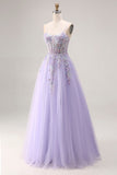 Floral Sparkly Lilac Tulle Appliqued A Line Long Corset Beaded Prom Dress with Slit