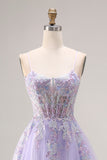 Floral Sparkly Lilac Tulle Appliqued A Line Long Corset Beaded Prom Dress with Slit