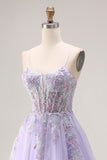 Floral Sparkly Lilac Tulle Appliqued A Line Long Corset Beaded Prom Dress with Slit
