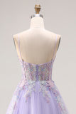 Floral Sparkly Lilac Tulle Appliqued A Line Long Corset Beaded Prom Dress with Slit