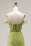 Sparkly Mermaid Green Beaded Off the Shoulder Corset Long Prom Dress