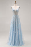 Sparkly Light Blue A Line Sequin Maxi Corset Prom Dress with Beading