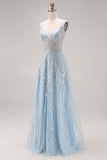 Sparkly Light Blue A Line Sequin Maxi Corset Prom Dress with Beading