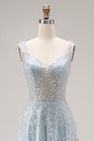 Sparkly Light Blue A Line Sequin Maxi Corset Prom Dress with Beading