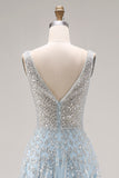 Sparkly Light Blue A Line Sequin Maxi Corset Prom Dress with Beading