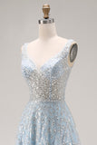 Sparkly Light Blue A Line Sequin Maxi Corset Prom Dress with Beading